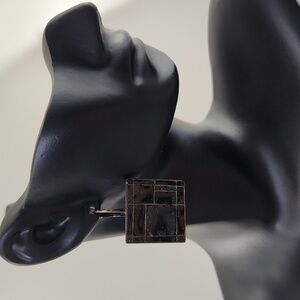 Vintage Black Enamel Square Dangle Earrings Gold Tone Geometric Abstract Art Dec